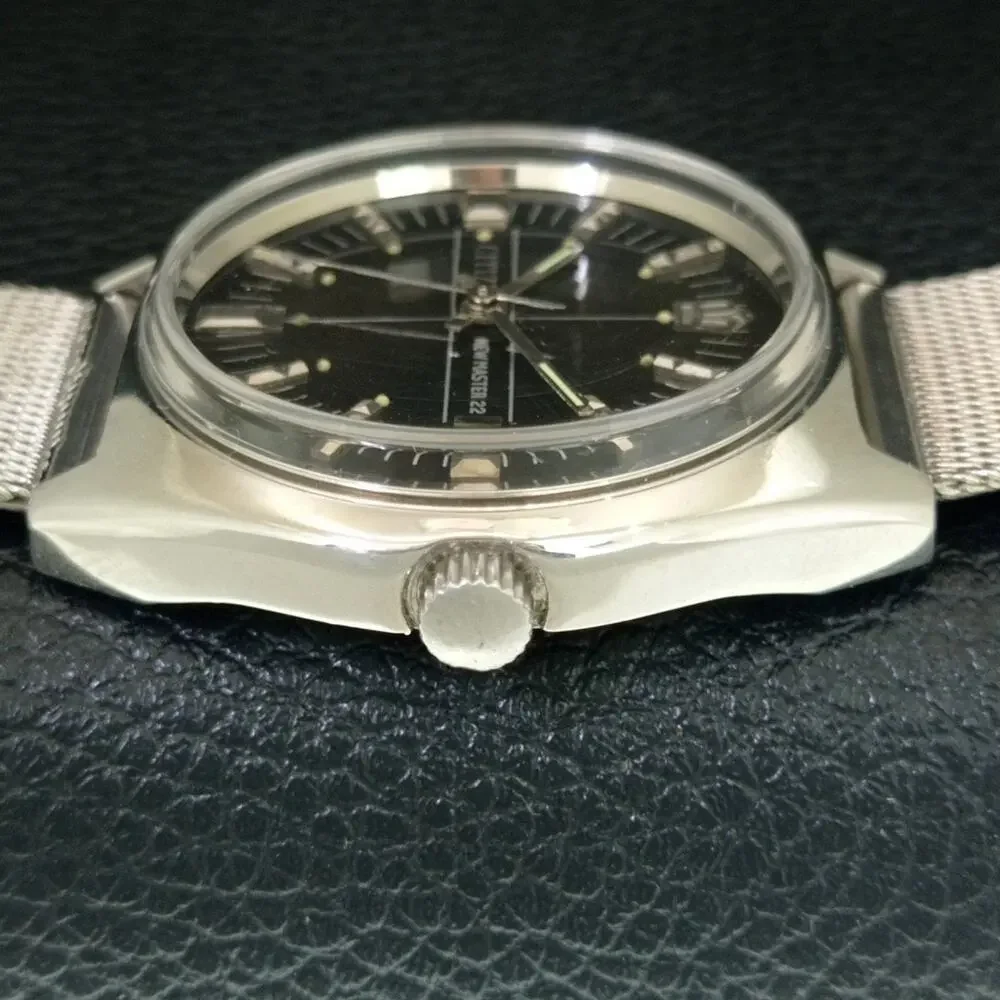 Vintage 1981 Citizen Manual Wound Mens Silver Watch & Black accents